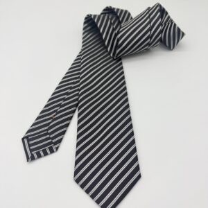 100% Silk Tie Ready To Wear - Woven Satin - Dark Silver - Stripe Pattern - Hand Made In Italy