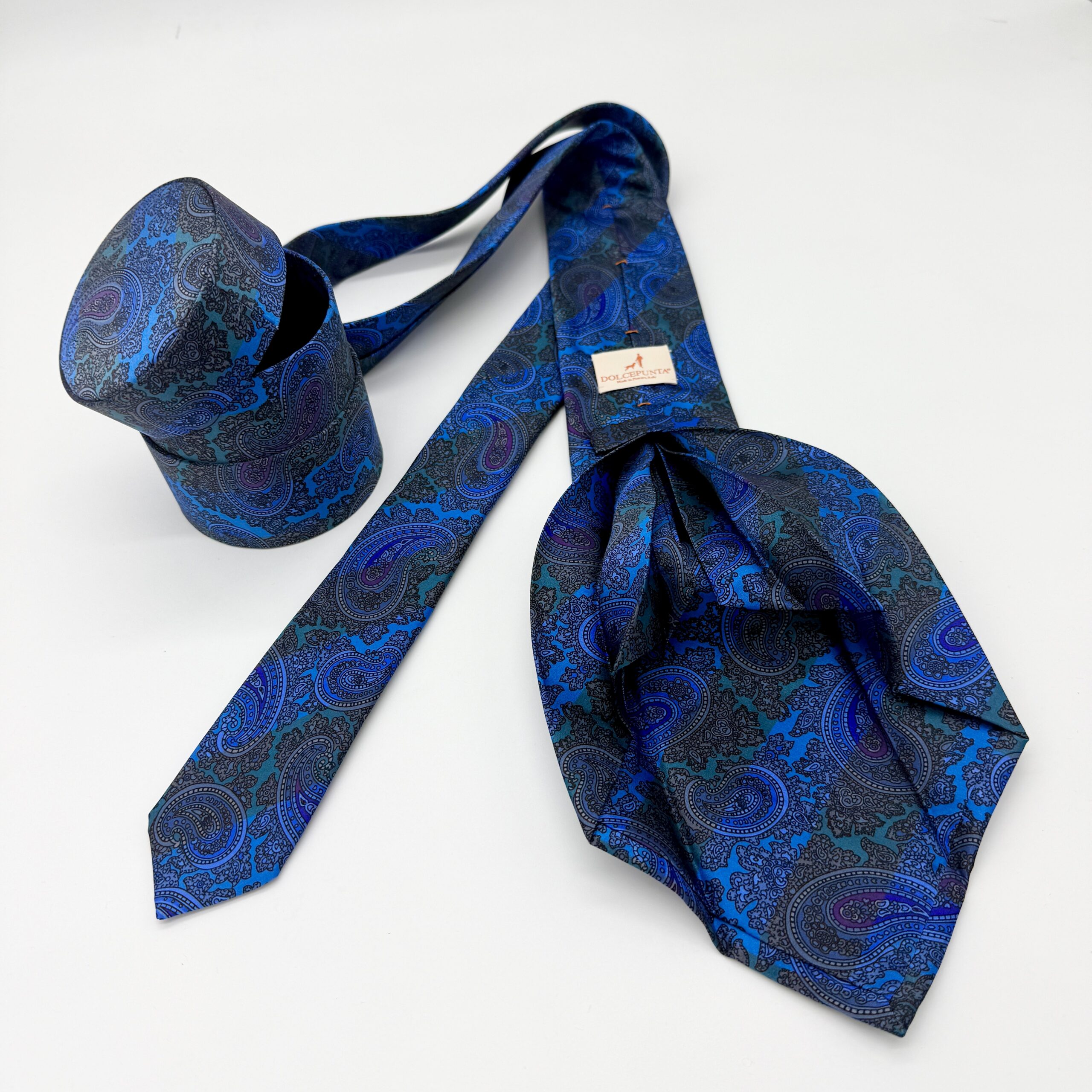 100% Silk Tie Ready To Wear - Print satin - Blue - Paisley Pattern - Hand Made In Italy - Image 2