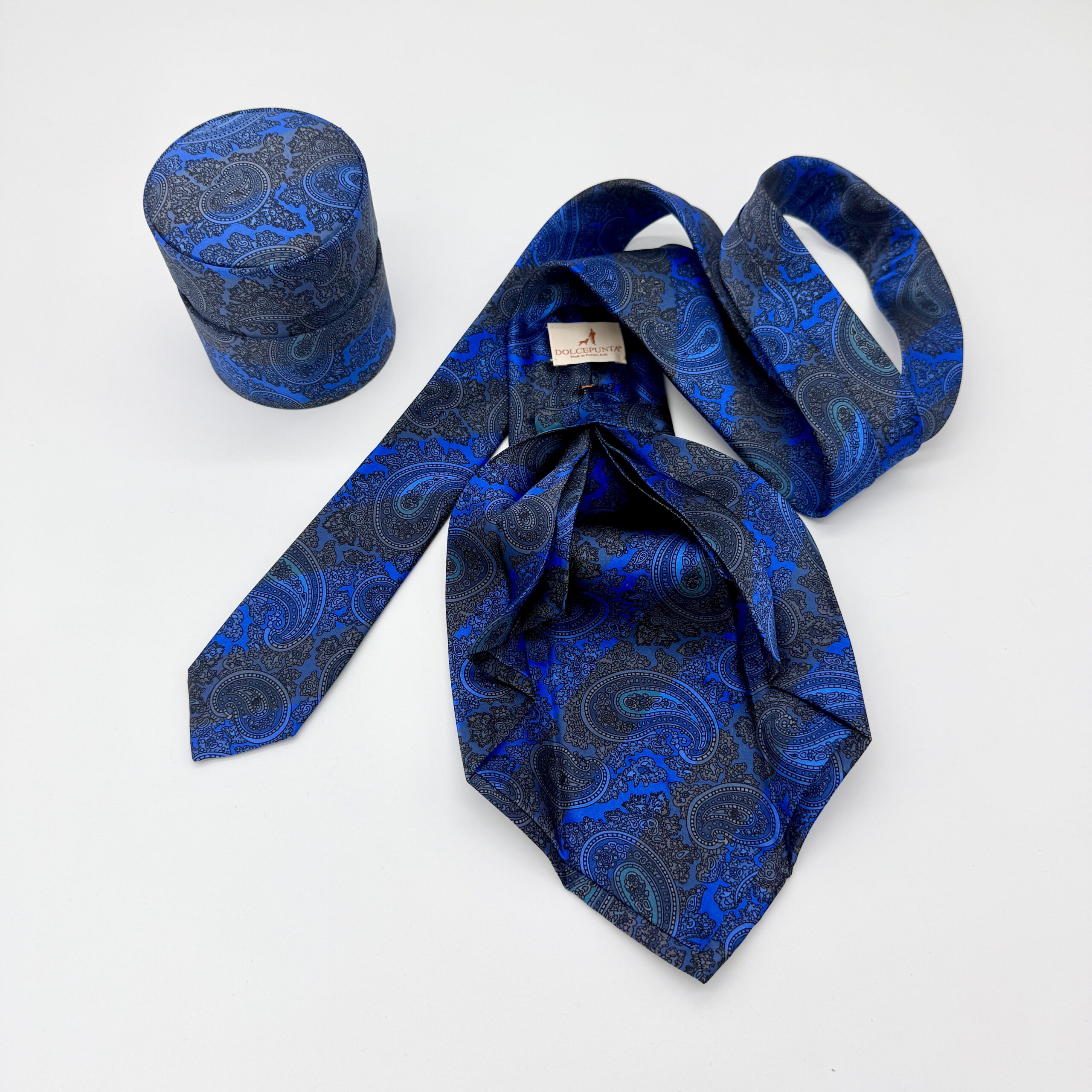 100% Silk Tie Ready To Wear - Print satin - Blue - Paisley Pattern - Hand Made In Italy - Image 2