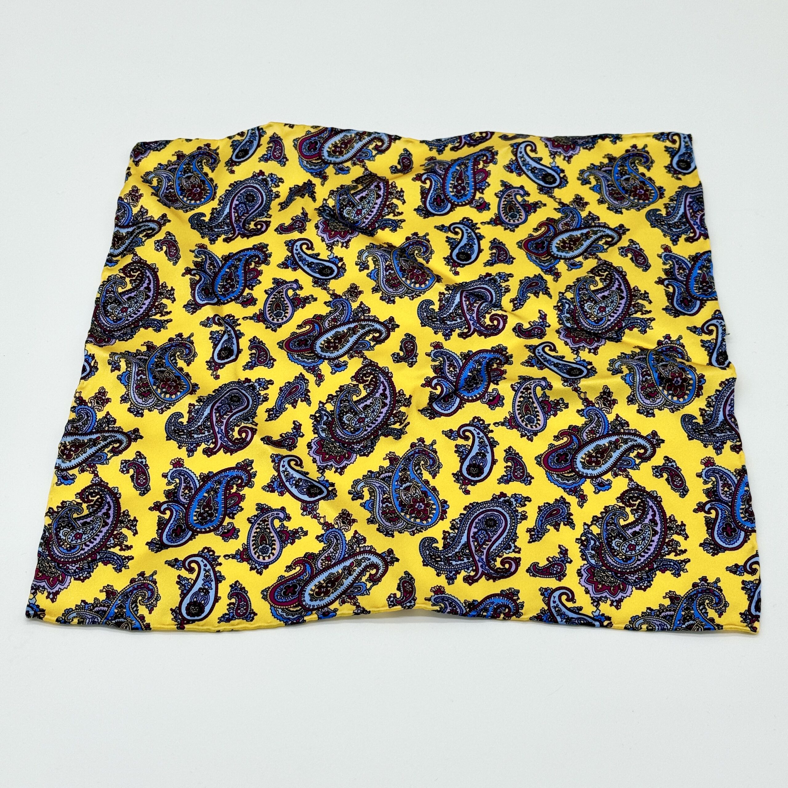 100% Hand Rolled Silk Pocket Square - Ready To Wear - Paisley - Yellow - Hand Made In Italy - Image 2