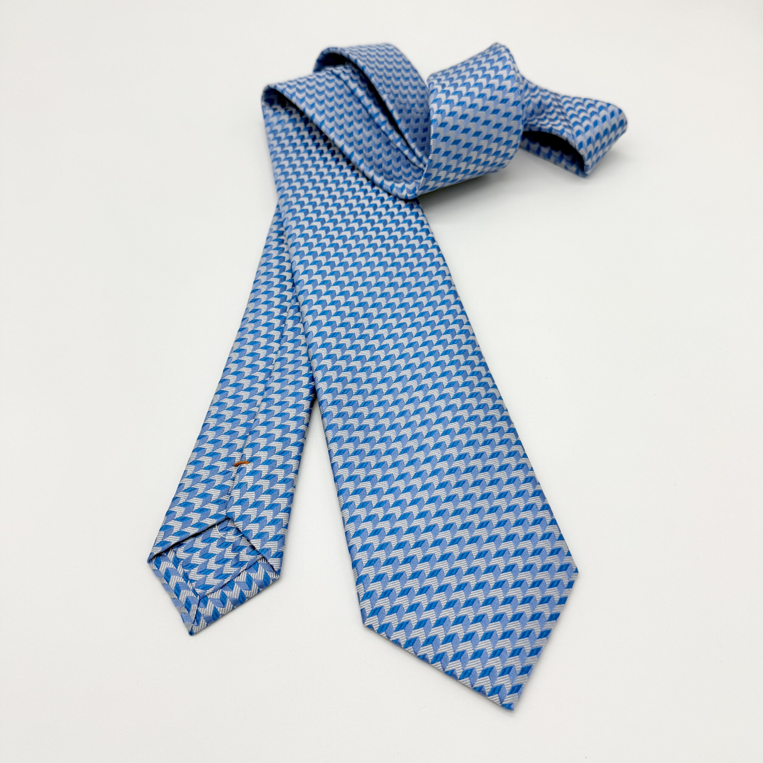 100% Silk Tie Ready To Wear - Woven - Sky Blue - Geo Pattern - Hand Made In Italy