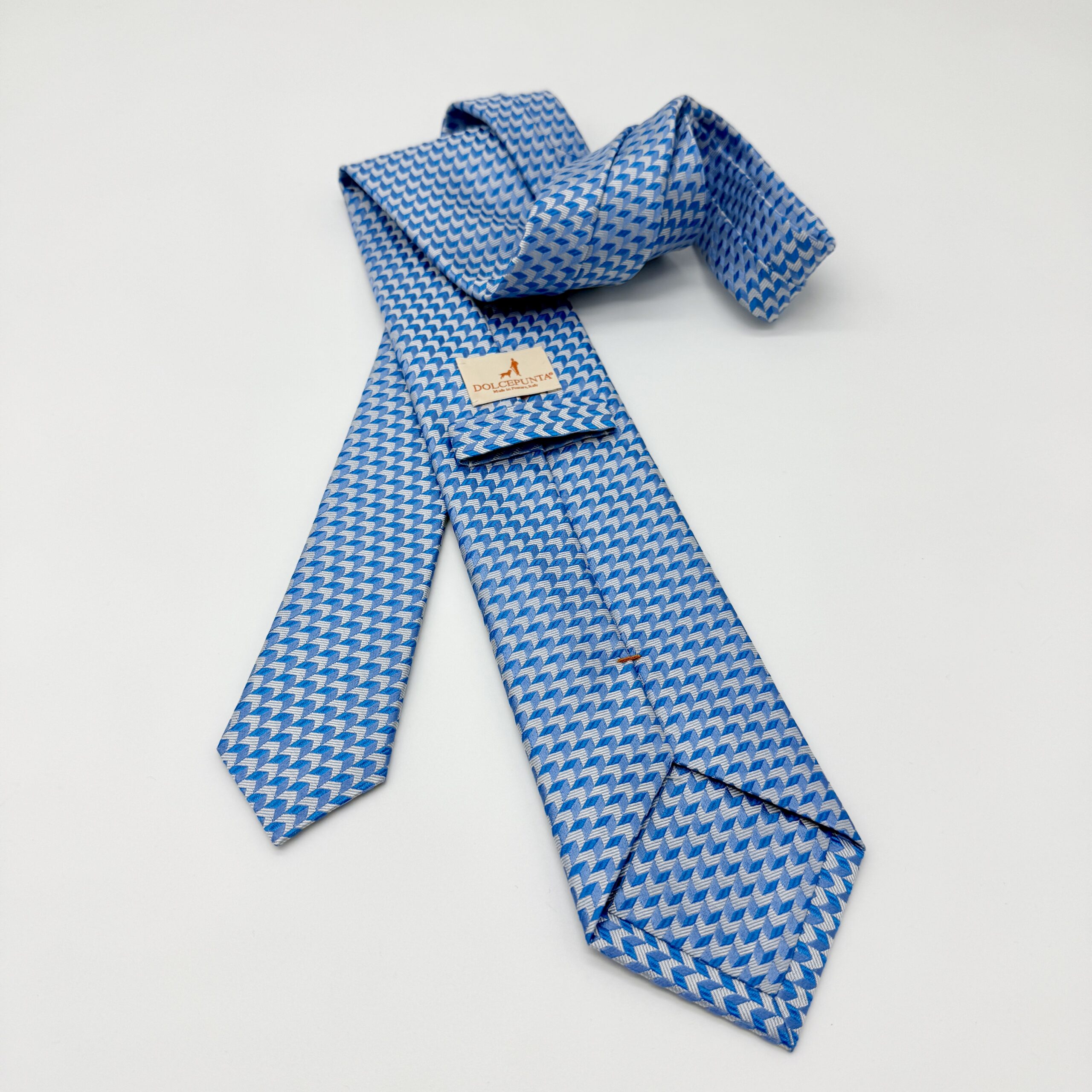 100% Silk Tie Ready To Wear - Woven - Sky Blue - Geo Pattern - Hand Made In Italy - Image 2