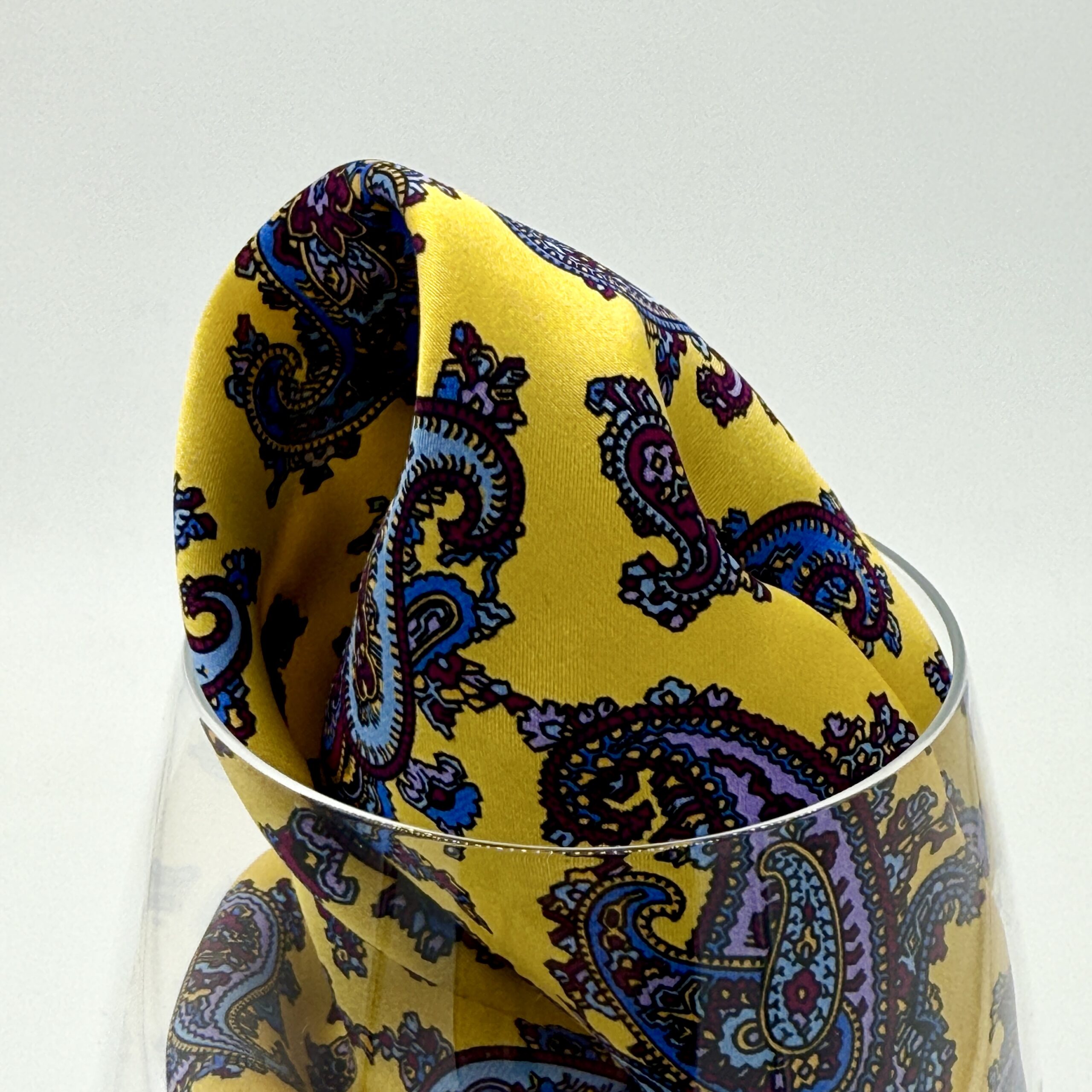 100% Hand Rolled Silk Pocket Square - Ready To Wear - Paisley - Yellow - Hand Made In Italy