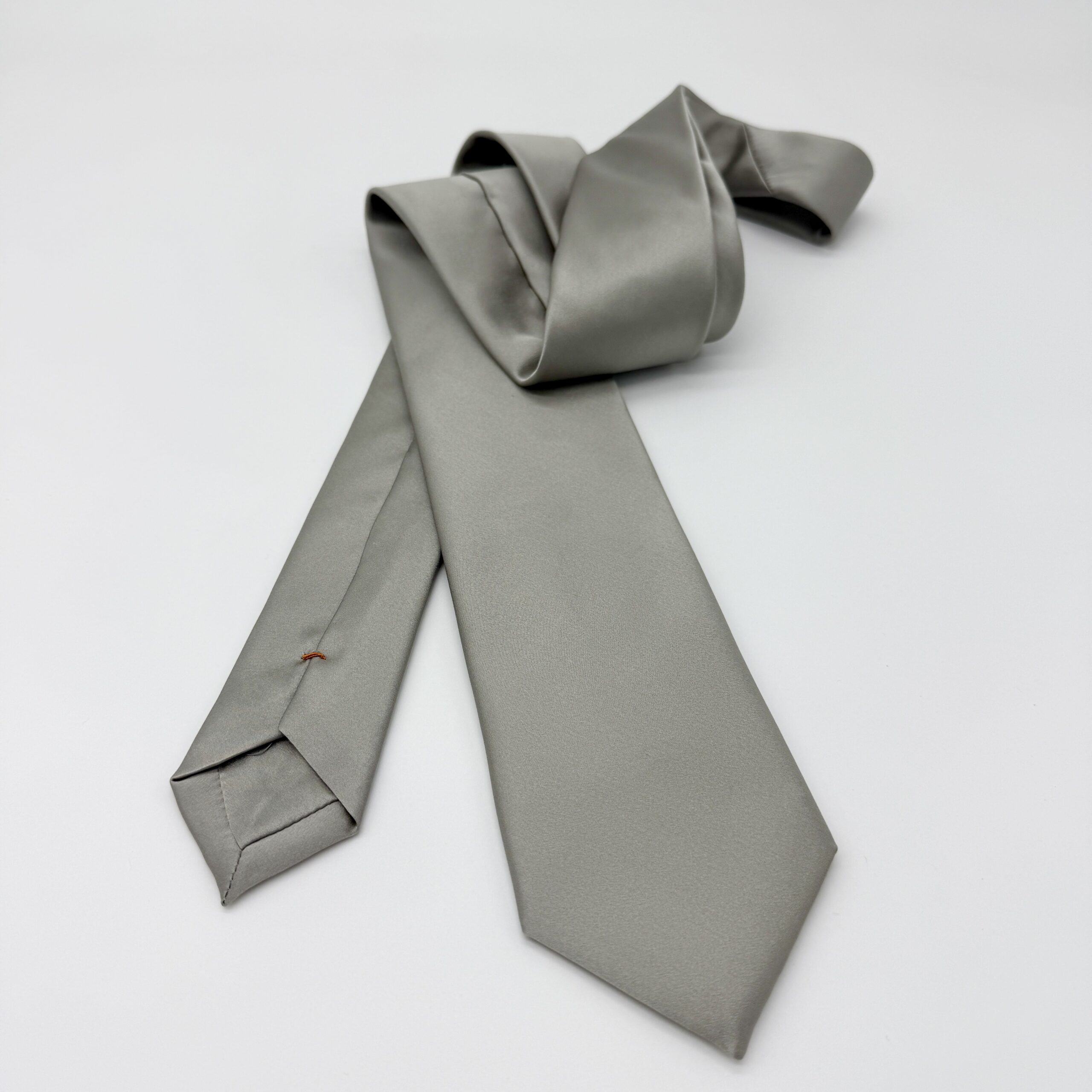 100% Silk Tie Ready To Wear - Print Satin - Silver - Solid Pattern - Hand Made In Italy