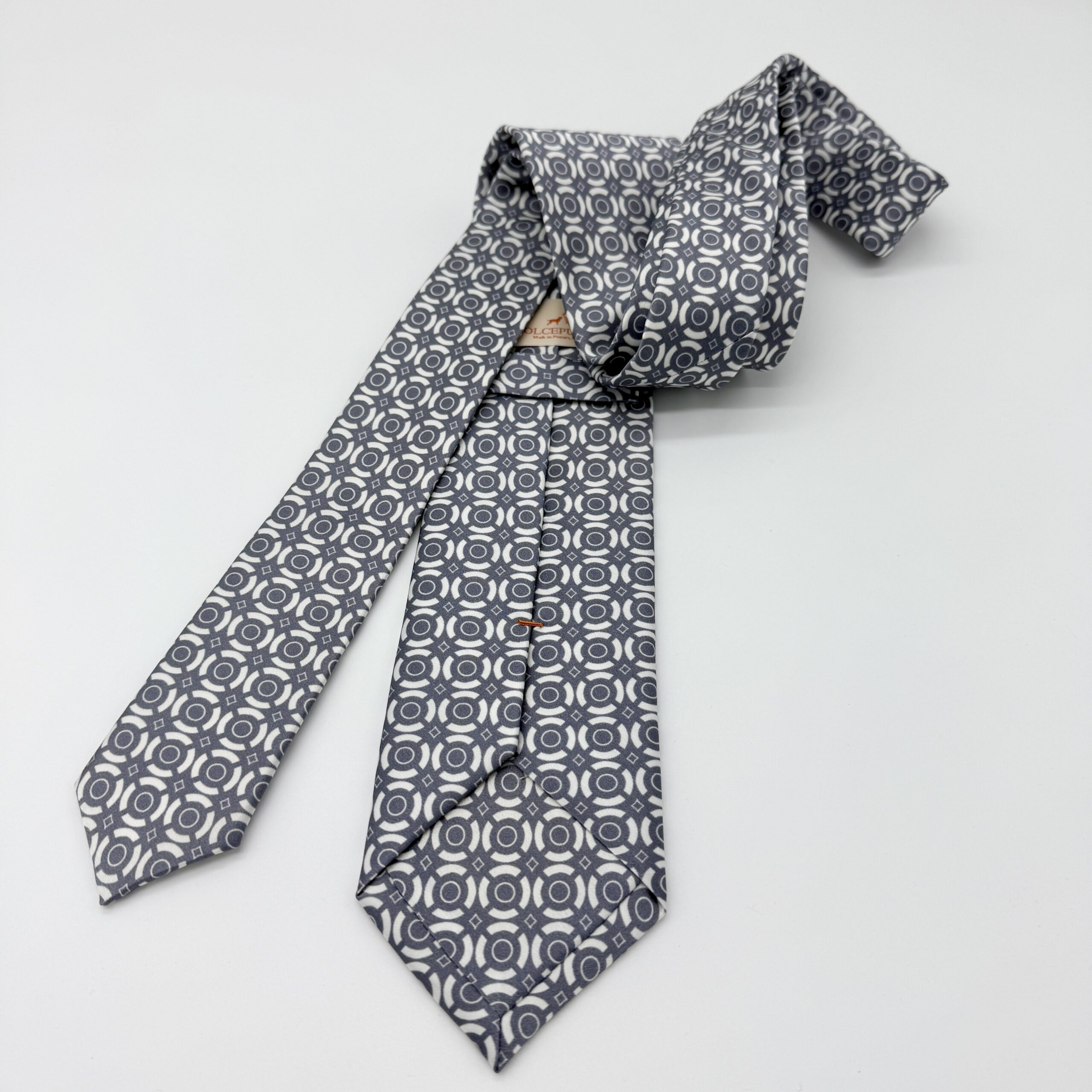 100% Silk Tie Ready To Wear - Print Satin - Silver - Geo Pattern - Hand Made In Italy - Image 2
