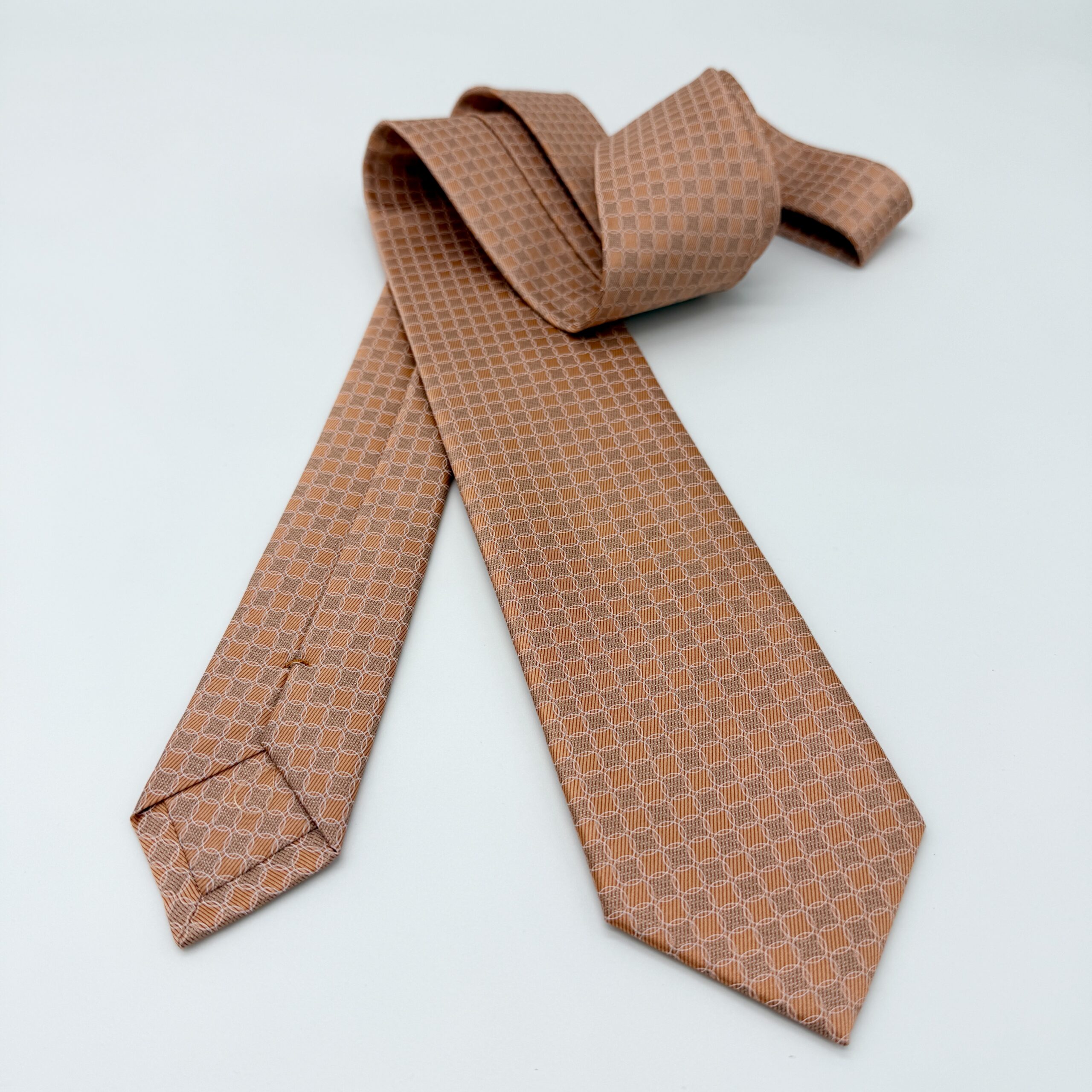 100% Silk Tie Ready To Wear - Print Satin - Orange - Geo Pattern - Hand Made In Italy