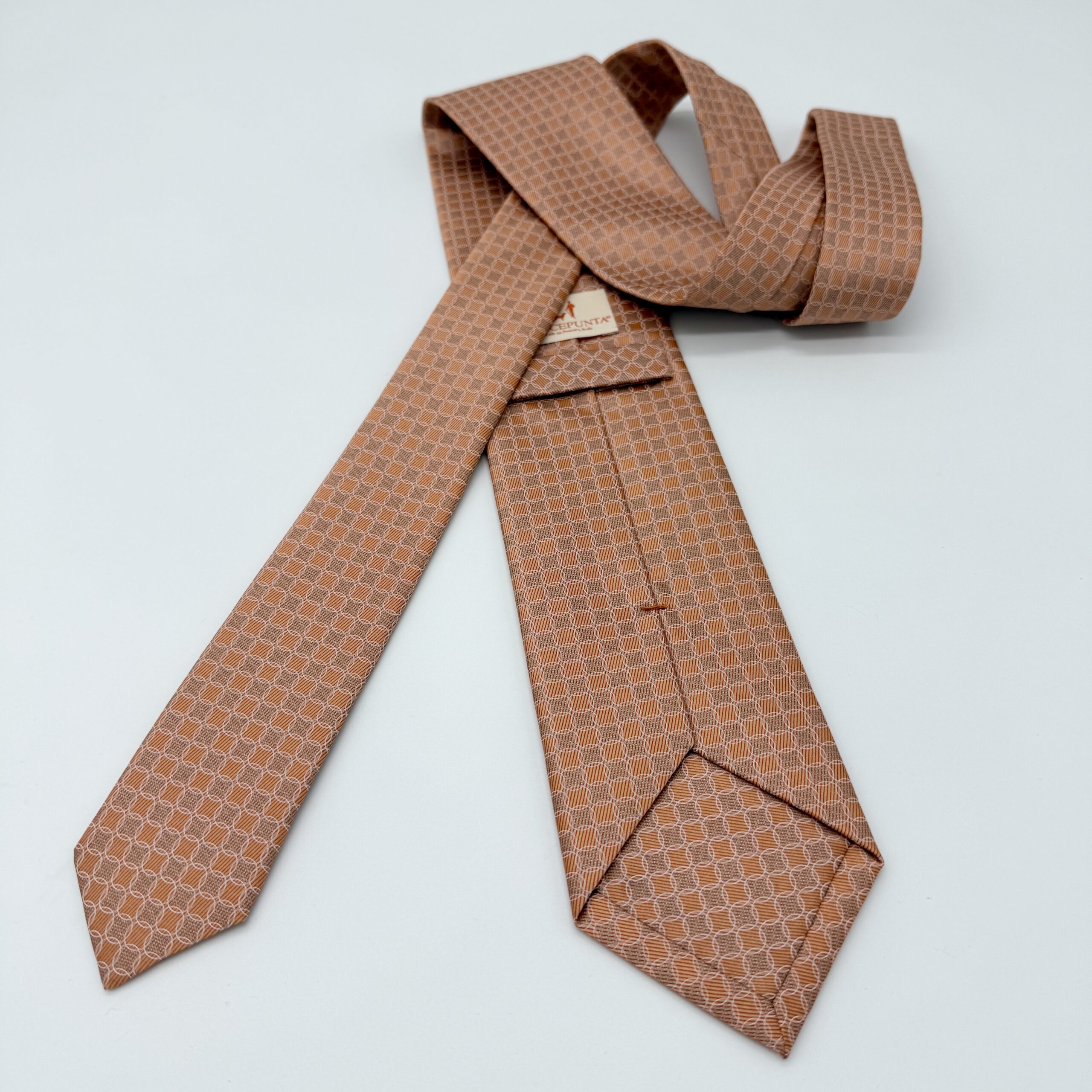 100% Silk Tie Ready To Wear - Print Satin - Orange - Geo Pattern - Hand Made In Italy - Image 2